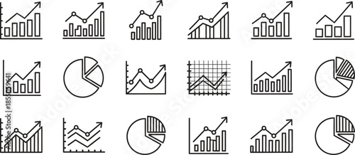 Collection of various black and white business chart and graph icons