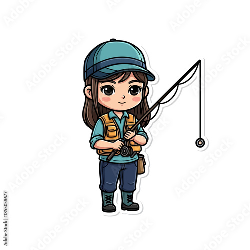 Cartoon Girl Fishing with Rod and Reel.