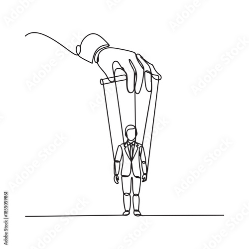 A hand manipulating a suited figure with strings a line art illustration