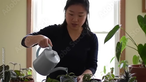 Young Woman Watering Houseplants Indoors Near Window.