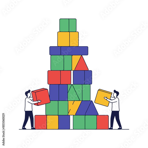 A seasonal 2D flat vector illustration shows two figures carefully stacking colorful geometric squares and triangles to construct a stable business tower and emphasize foundational teamwork.