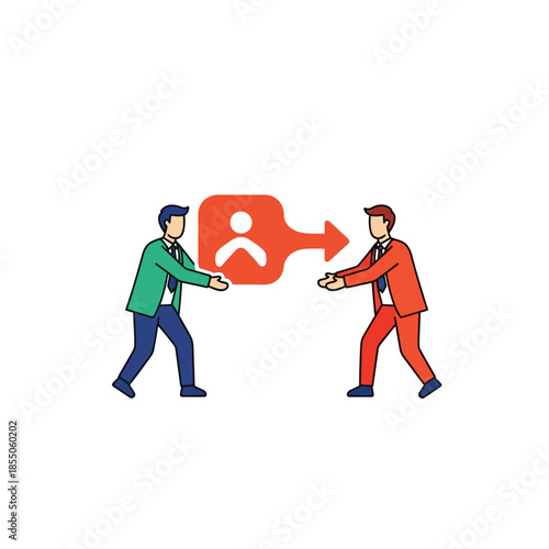 A flat 2D vector illustration depicts two minimalist business figures passing a stylized data block icon, symbolizing successful delegation and efficient workflow.