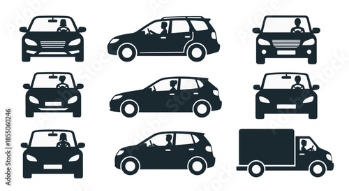 Diverse collection of vehicle silhouettes featuring cars, suvs, and a delivery van with drivers