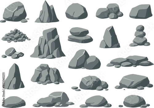 20.epsCartoon grey stone and rock vector set with 3D boulders, pebbles, rubble piles, cliffs, and terrain shapes for natural landscape design, outdoor scenes, and educational illustrations.