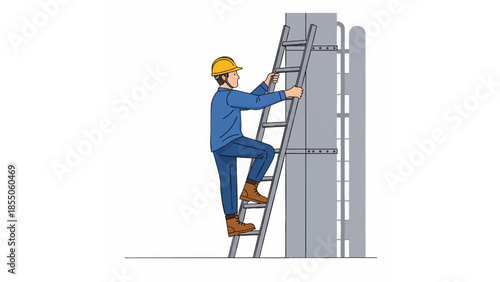 construction worker climbing ladder illustration with safety helmet, tool belt, and tall structure
