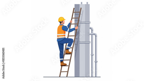 construction worker climbing ladder illustration with safety helmet, tool belt, and tall structure
