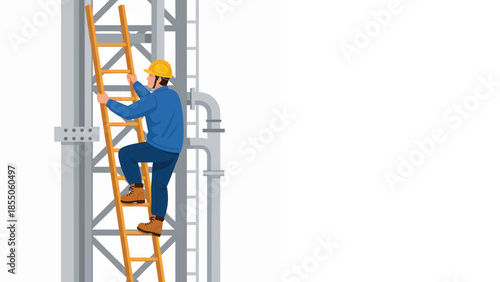 construction worker climbing ladder illustration with safety helmet, tool belt, and tall structure
