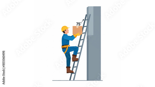 construction worker climbing ladder illustration with safety helmet, tool belt, and tall structure
