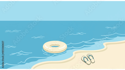 tropical beach illustration with green flip-flops, white swim ring, calm ocean waves, and sandy shore
