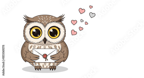 Cute cartoon owl with large expressive eyes holds a love letter sealed with a wax stamp as little hearts float away from the envelope.