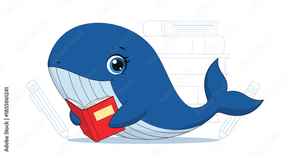 Naklejka premium Smart and cute blue whale character is reading a red book with sketched books and pencils in the background for an educational concept.