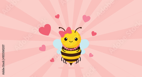 Adorable queen bee with a pink bow and pearl necklace flies happily with floating hearts against a radiating pink sunburst background.