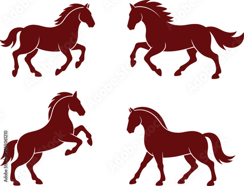 Colorful horse silhouettes illustration set, running and standing horses, minimalist flat vector design, equestrian symbols, isolated on white