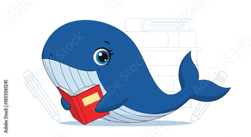 Smart and cute blue whale character is reading a red book with sketched books and pencils in the background for an educational concept.