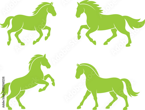 Colorful horse silhouettes illustration set, running and standing horses, minimalist flat vector design, equestrian symbols, isolated on white