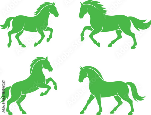 Colorful horse silhouettes illustration set, running and standing horses, minimalist flat vector design, equestrian symbols, isolated on white