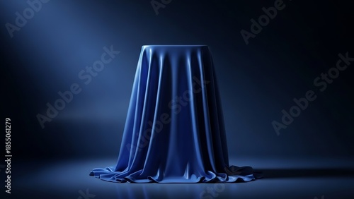 Dramatic blue fabric draped over cylindrical object in dark studio