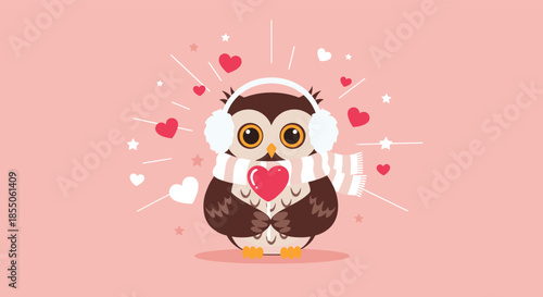 Sweet cartoon owl wearing earmuffs and a scarf holds a heart with love and sparkles radiating on a romantic pink background.