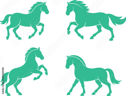 Colorful horse silhouettes illustration set, running and standing horses, minimalist flat vector design, equestrian symbols, isolated on white