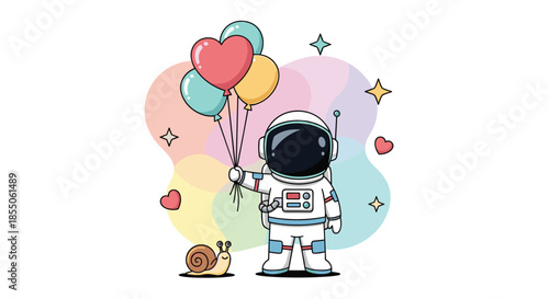 Cute cartoon astronaut holds a bunch of colorful balloons next to a friendly snail against a pastel rainbow background with stars.