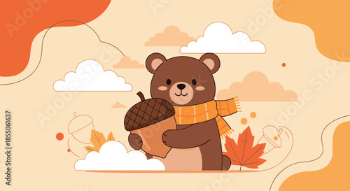 An adorable brown bear wearing a scarf hugs a large acorn among floating autumn leaves and clouds on a warm orange background.