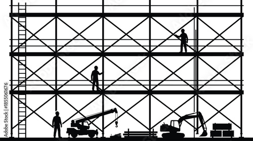 Construction workers silhouette on scaffolding with heavy machinery at industrial building site, infrastructure development, engineering safety, teamwork, urban construction concept