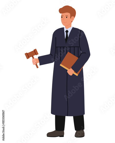 Man in black robe holding gavel and book. Flat vector illustration with Judge from the Professions collection.