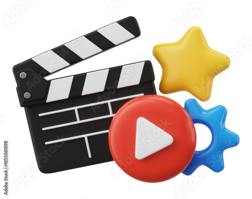 Playful 3D Icons Featuring Movie Clapper, Play Button, Star, and Gear for Video Production