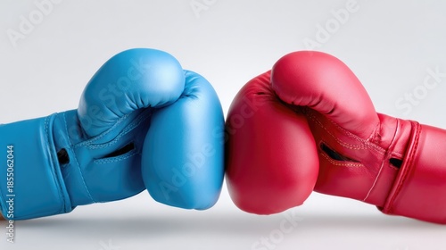 Boxing Gloves Confrontation: A dynamic visual of boxing gloves, one red and one blue, symbolizing rivalry, competition, and the intense nature of a boxing match, ready to deliver a powerful punch.
