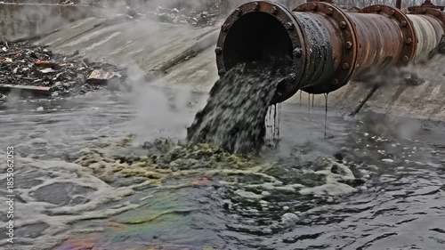 Wallpaper Mural Large rusty pipe discharging toxic sewage into a river. Industrial wastewater pollution flowing from a drain with steam and foam. Environmental contamination concept Torontodigital.ca