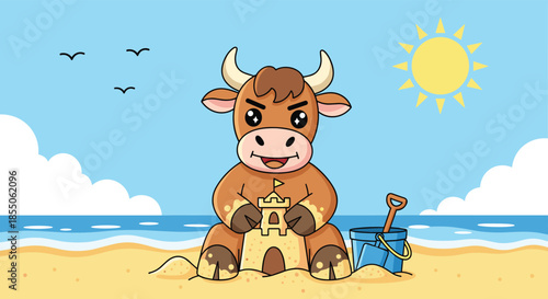 A cute cartoon bull builds a sandcastle on a sunny tropical beach with a bucket and spade by the beautiful blue ocean.