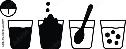 Medicine dissolving in water illustration, effervescent tablet preparation steps, healthcare instruction concept, pills mixing process, flat vector design