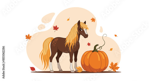 A beautiful brown horse with a long blonde mane stands next to a large orange pumpkin as autumn leaves fall gently around.