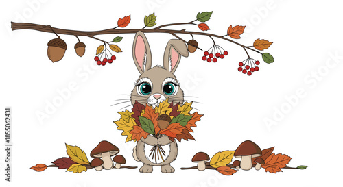 A sweet cartoon rabbit holds a bouquet of colorful autumn leaves with mushrooms and an acorn branch on a white background.