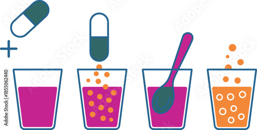 Medicine dissolving in water illustration, effervescent tablet preparation steps, healthcare instruction concept, pills mixing process, flat vector design