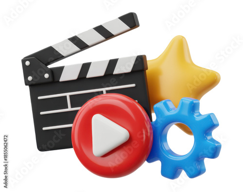Dynamic 3D Design of Video and Media Elements with Play Button, Gear, Clapper, and Star