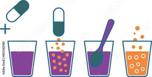 Medicine dissolving in water illustration, effervescent tablet preparation steps, healthcare instruction concept, pills mixing process, flat vector design