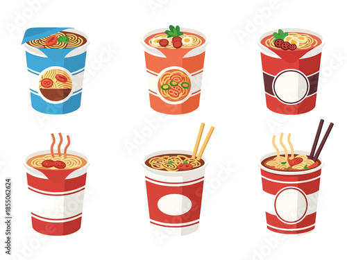 Collection of Instant Noodle Cups with Various Toppings and Chopsticks