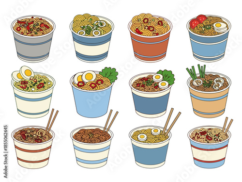 Collection of Instant Noodle Cups with Diverse Toppings