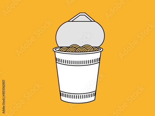 Cup Noodles with Opened Lid on Yellow Background