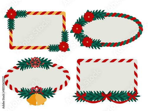 Collection of oval and rectangular red and white candy cane frames with festive Christmas decor and empty space for text. Ideal for cards, posters, and holiday layouts.