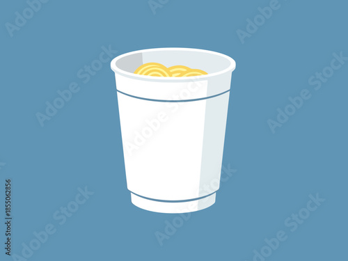 Instant Noodles in White Disposable Cup on Blue Background Quick Meal Concept
