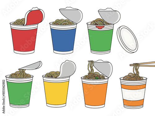 Assortment of Instant Noodle Cups with Noodles and Chopsticks