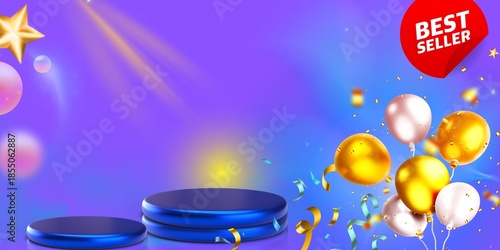 Product display design templates, promotional materials, greeting cards, and online discount coupons. Banners advertising flash sales and big discounts. Includes product display stands.