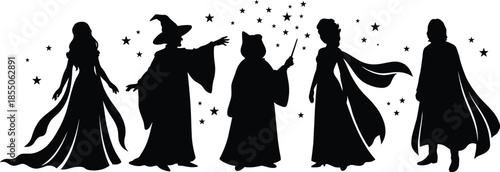 Fantasy wizard silhouettes with magical characters and stars, witch, mage, cloak figures, fairytale illustration isolated on white background vector art