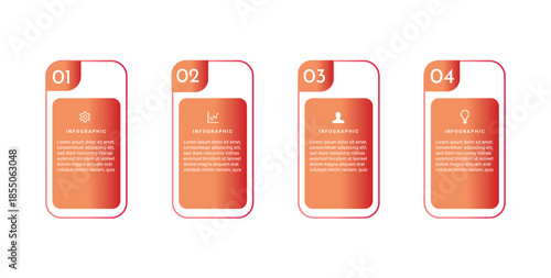 infographic 4 steps with numbered rounded cards and icons. Process diagram for workflow and presentation.