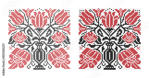Embroidery Pattern cross stitch bouquet of flowers in vase. Vector illustration