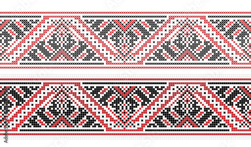 Embroidered cross stitch geometric seamless border pattern. Vector illustration