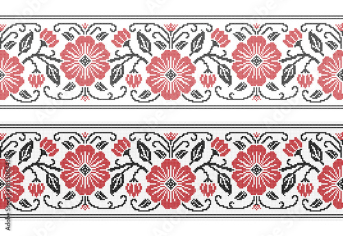Embroidered cross stitch seamless border pattern of red flowers. Vector illustration