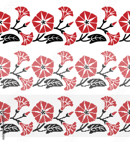 Embroidered cross stitch seamless pattern of convolvulus flowers. Vector illustration